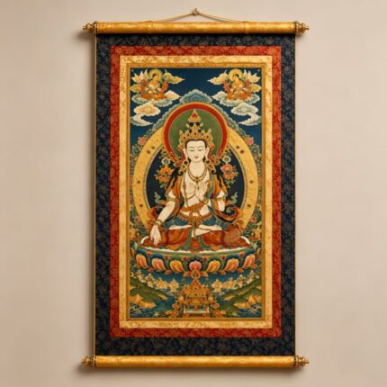 Inner Mongolian Characteristic Thangka White Tara Silk Scroll Wall Art for Meditation Room Worship