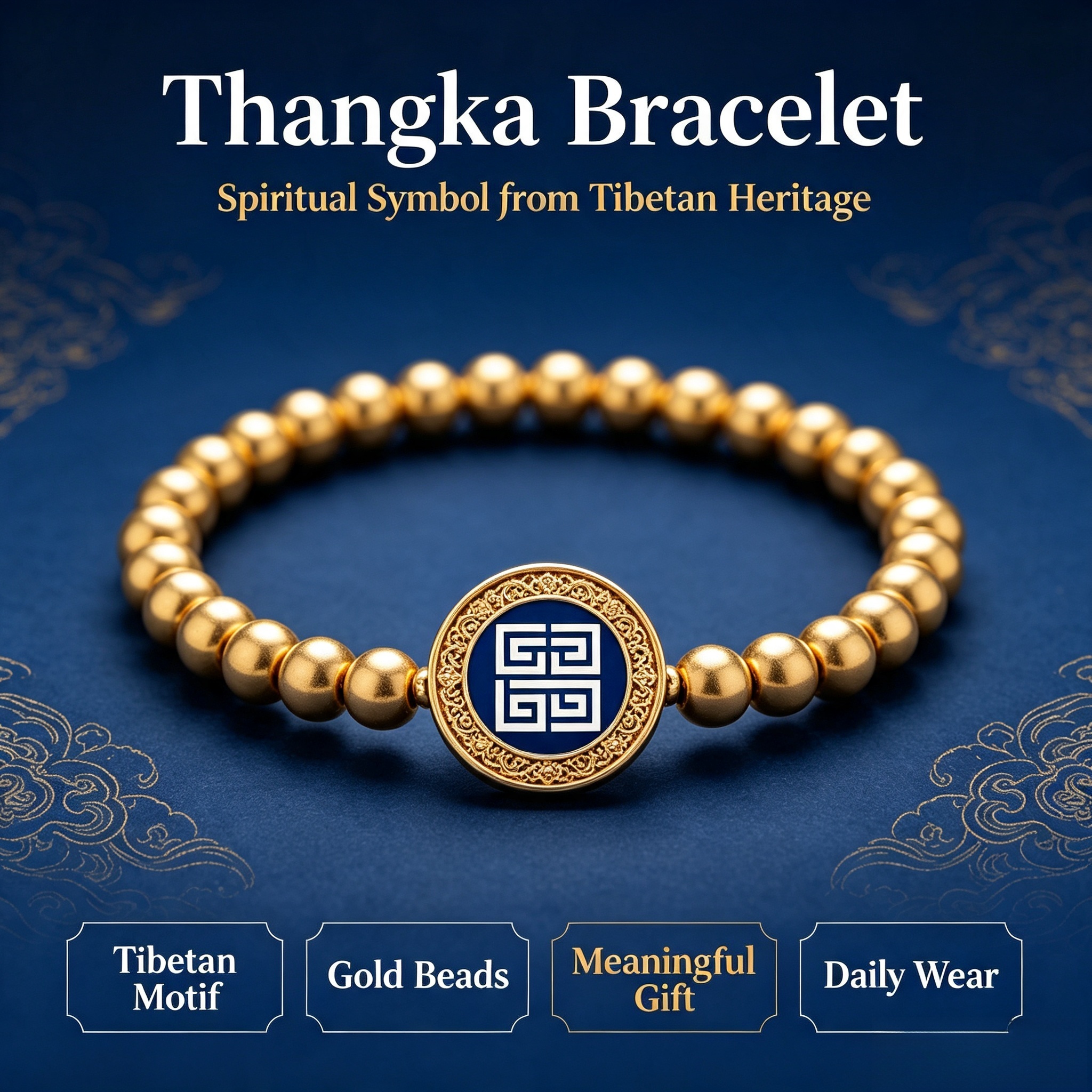 回字纹手链主图 Tibetan Huiwen Meander Pattern Gold Bead Thangka Bracelet - Image 1