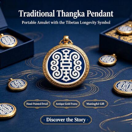 Tibetan Longevity Symbol Antique Gold Frame Amulet Pendant