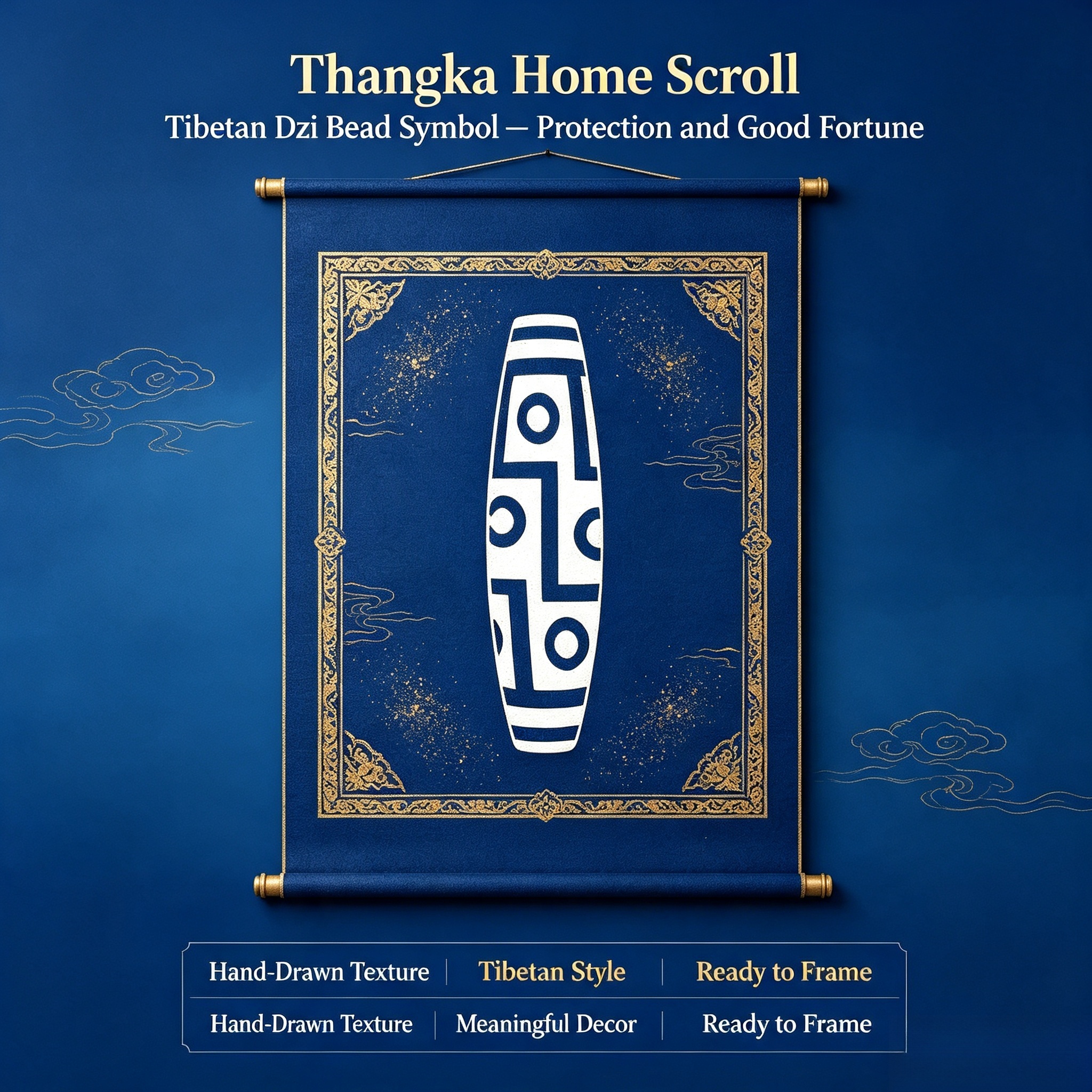 天珠家装主图 Dzi Bead Pattern Tibetan Thangka Wall Art, Traditional Plateau Totem Living Room Hanging Decor - Image 1